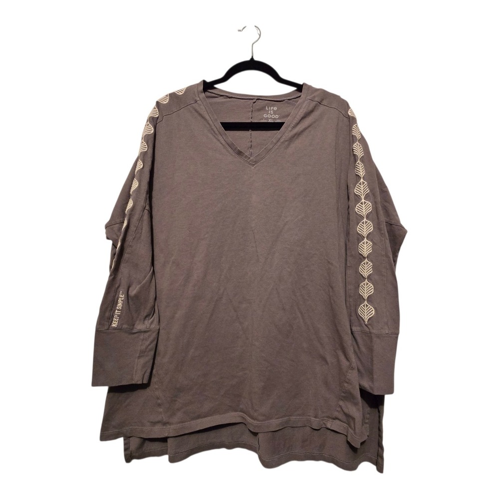 Life is Good Keep It Simple Embroidered T-Shirt Top Womens XL Taupe Boho Cotton